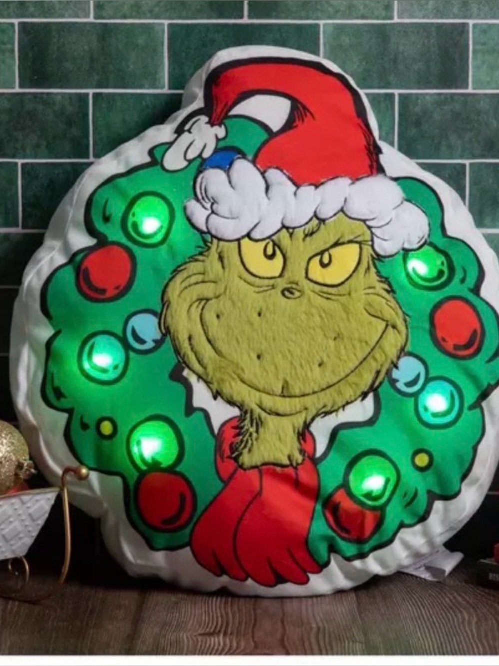 Grinch Holiday LED Wreath Decorative Pillow - Green and Red